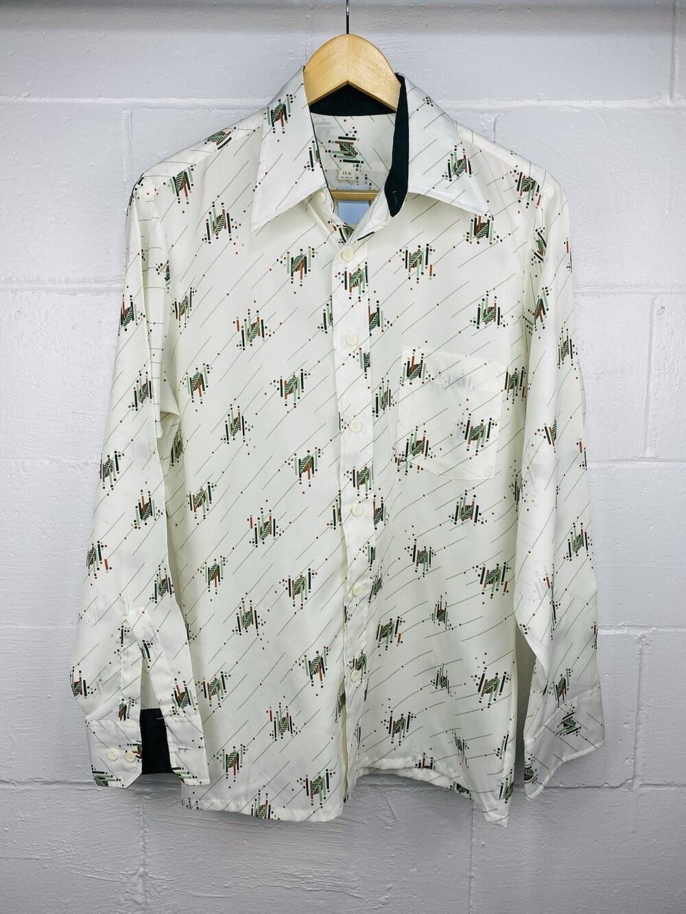Vintage 1970s Men’s Geometric Leaf Print Dress Shirt 15.5 34 Disco Long Sleeve